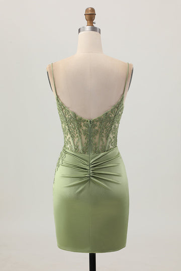 Sage Green Corset Tight Short Satin Cocktail Dress with Slit